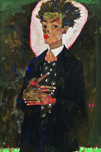 Egon Schiele, Selbstporträt mit Pfauenweste, 1911,
Gouache, Tempera, Aquarell und blaue Kreide auf Papier, auf Karton
montiert, 51,5 x 34,5 cm, Ernst Ploil, Wien
