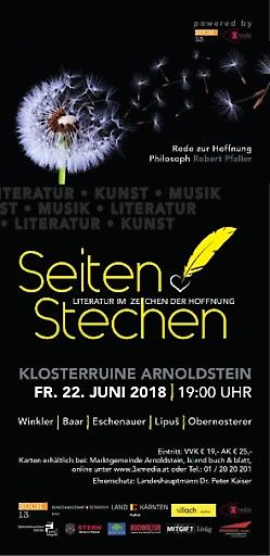  Offizieller Flyer/Programm des 2.Alpen-Adria-Literaturfestivals SEITENSTECHEN. Bilder: Engelbert Obernosterer (c) Gabi Russwurm-Biró Florjan Lipuš (c) Marko Lipuš “Kostenpflichtig” – (45,- +USt.) Gerald Eschenauer (c) Otto Gombocz Anna Baar © Johannes Puch Josef Winkler (c) Jerry Bauer