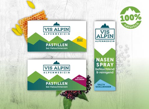 Vorschau Bild von VIS ALPIN Alpenesalzpastillen Honig, VIS ALPIN
Alpensalzastillen Holunder, VIS ALPIN Alpensalznasenspray