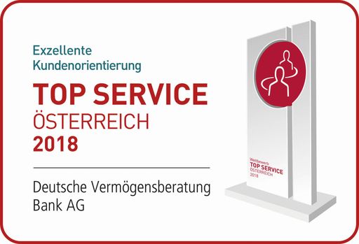 Vorschau Bild von TOP SERVICE ÖSTERREICH 2018: "Exzellente Kundenorientierung" für
die Deutsche Vermögensberatung Bank AG. Weiterer Text über ots und
www.presseportal.de/nr/131212 / Die Verwendung dieses Bildes ist für
redaktionelle Zwecke honorarfrei. Veröffentlichung bitte unter
Quellenangabe: "obs/Deutsche Vermögensberatung Bank AG"