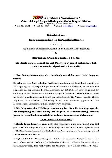 Entschließung der Hauptversammlung des Kärntner Heimatdienstes vom 07. Juli 2018 an die Bundesregierung und an die Kärntner Landesregierung