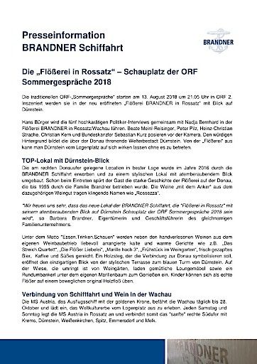 Vorschau Bild von Presseinformation der BRANDNER Schiffahrt