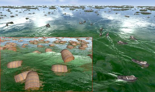 Ein Standbild aus einer Echtzeitanimation. Die
Simulation umfasst hunderte schwimmende Objekte in einem riesigen
Gebiet, dennoch enthält sie winzige Details, die nur aus nächster
Nähe erkennbar sind.