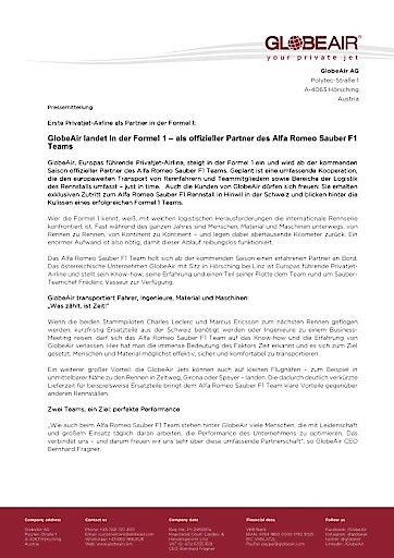 Vorschau Bild von Komplette Pressemitteilung zu: "GlobeAir landet in der Formel 1 – als offizieller Partner des Alfa Romeo Sauber F1 Teams"