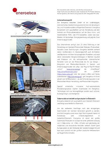 Vorschau Bild von Unternehmensprofil Die Energetica Industries GmbH ist ein unabhängiges, österreichisches Solartechnologieunternehmen mit derzeitigem Sitz und Produktionsstätte in Klagenfurt/Österreich.