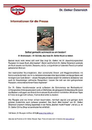  Dr. Oetker Österreich Pressemeldung Brot-Buch