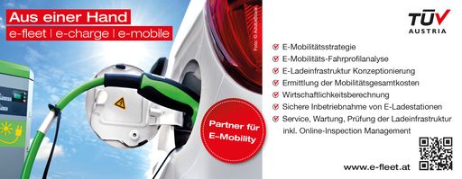 TÜV AUSTRIA unterstützt Gemeinden,
Hausverwaltungen, Hotels und Unternehmen von der Konzeption bis hin
zur Errichtung von E-Ladestationen, bietet Plausibilitätsanalysen an
und steht bei schrittweisen Fuhrparkumstellung beratend zur Seite.
www.tuv.at/efleet.at