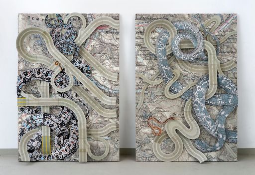  Clemens Fürtler und Steinbrener/Dempf & Huber,
Laokoon I+II, 2018, Pigmentdrucke, Holz Metall, Faller AMS-Schienen,
150 x 100 x 22 cm