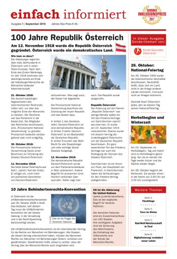 Vorschau Bild von Die aktuelle Ausgabe von einfach informiert mit
Geschichten wie „100 Jahre Republik Österreich“,
„Rad-Welt-Meisterschaft in Tirol“ oder „Wie Digitalisierung unser
Leben verändert“.