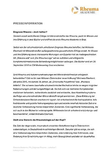 Vorschau Bild von Presseaussendung Weltrheumatag der Rheuma Akademie Graz (Buchneuerscheinungen "Rheuma adé" und "Die Rheuma-Lüge)