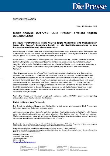 Vorschau Bild von Presseinformation: Media-Analyse 2017/18: „Die Presse“ erreicht täglich 336.000 Leser
