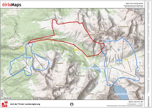 GRAFIK: Geplanter Skigebietszusammenschluss
Hochoetz-Kühtai über Schafjoch und Feldringer Böden. Die Feldringer
Böden sind ein weitgehend naturbelassenes Hochplateau westlich von
Kühtai auf 2.000 m Seehöhe. Durch die gute Erreichbarkeit und die
lawinensichere Lage ist das Gebiet bei Familien und Tourengehern
äußerst beliebt. Eine skitechnische Erschließung und Nutzung mit
fünf Liften und einer Talabfahrt würde der Natur schweren Schaden
zufügen. Dass Projekte wie dieses mit dem neuen TSSP Wirklichkeit
werden könnten, steht für den Alpenverein außer Zweifel.