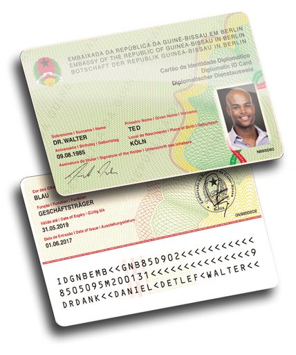 Vorschau Bild von Fälschungssichere Polykarbonat
Personalausweiskarten für die Deutsche Botschaft von Guinea Bissau