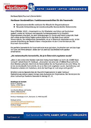 Vorschau Bild von Hartlauer-Sonderedition: Funktionssonnenbrillen für die Feuerwehr; Hartlauer HandelsgesmbH Stadtplatz 13 4400 Steyr