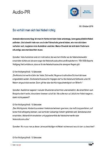 Vorschau Bild von Manuskript zum Thema "So verhält man sich bei Nebel richtig"