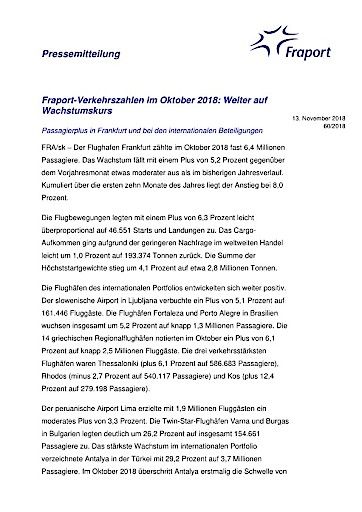 Vorschau Bild von Fraport-Verkehrszahlen im Oktober 2018: Weiter auf Wachstumskurs