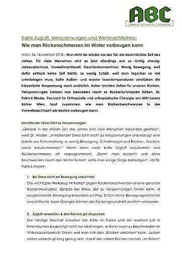 Vorschau Bild von Presseaussendung ABC Expertentipps - Rückenschmerzen im Winter vorbeugen