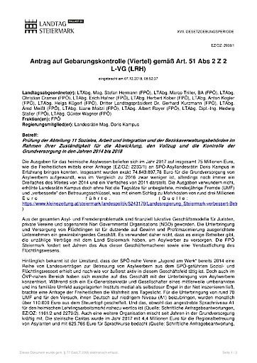 Antrag der FPÖ - Prüfung der steirischen Grundversorgung von Asylwerbern in den Jahren 2014 bis 2018 durch den Landesrechnungshof