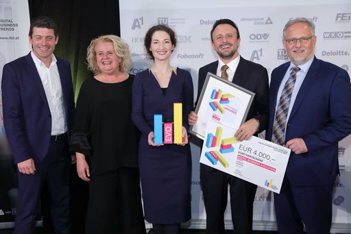 Vorschau Bild von Im Bild die Sieger der Kategorie Evolution mit dem
Sponsor und den Initiatoren der Digital Business Trends v.l.n.r.:
Alexis Johann (styria digital one, FehrAdvice & Partners), Barbara
Rauchwarter (APA – Austria Presse Agentur), Veronika Haberler
(LeReTo), Peter Melicharek (LeReTo), Alexander Falchetto (APA-IT)