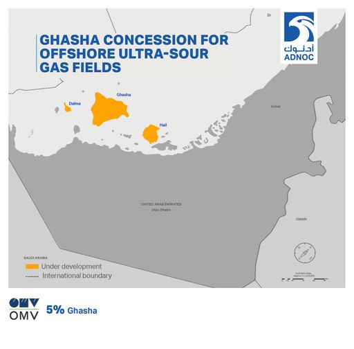 Vorschau Bild von Karte Gasha Konzession OMV und ADNOC
unterzeichneten Upstream Konzessionsabkommen für 5% Anteil am
Großprojekt Offshore VAE