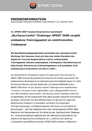 Vorschau Bild von PA „Run2yourLimits“ Challenge: SPORT 2000 vergibt exklusives Trainingspaket an ambitionierten Trailrunner