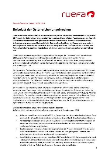Vorschau Bild von Ruefa Reisekompass 2019: Reiselust der Österreicher ungebrochen