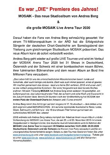 Vorschau Bild von Pressemitteilung Andrea Berg MOSAIK Album & Arena Tour