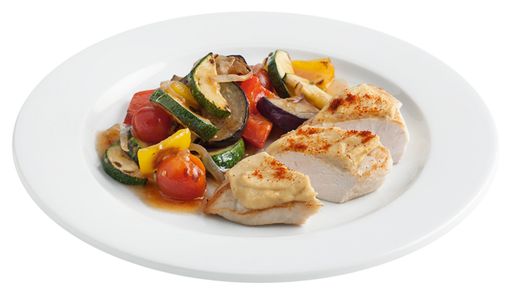Fit mit Genuss ins neue Jahr! Fit-Speisen enthalten
maximal 550 kcal pro Portion. Zarte Hühnerbrust mit Hummus
überbacken. Dazu würziges Ofengemüse, verfeinert mit Olivenöl und
Paprikapulver.