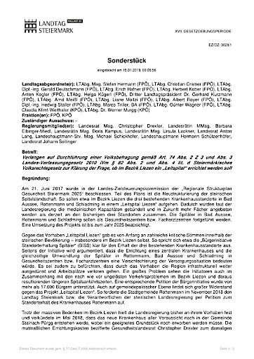 Vorschau Bild von Sonderstück - Verlangen auf Durchführung einer Volksbefragung zum Thema "Leitspital Liezen"