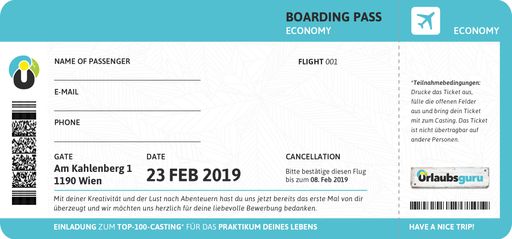 Vorschau Bild von Rückseite Boardingpass - Einladung zur Teilnahme am
Casting