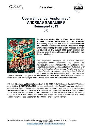 Vorschau Bild von Pressetext Andreas Gabalier Heimspiel 2019 in Schladming
