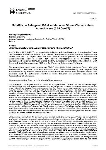  Anfrage der FPÖ - "Gedenkveranstaltung am 24. Jänner 2019 oder SPÖ-Wahlkampfbühne?"