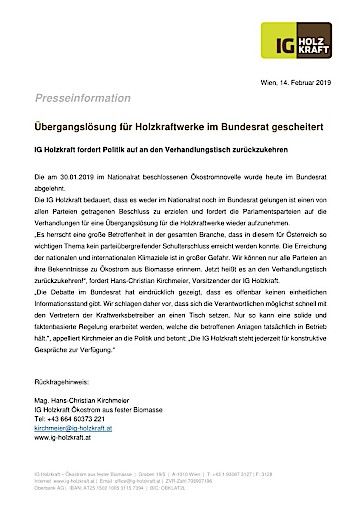 Vorschau Bild von IG Holzkraft Presseinfo 2019_02_14 - Übergangslösung im Bundesrat abgelehnt