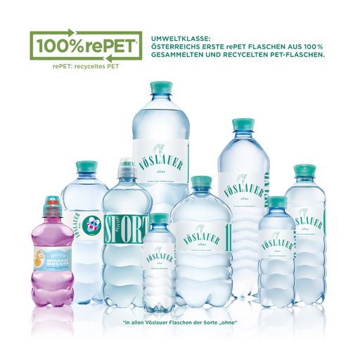 Folgende Gebindegrößen für Vöslauer natürliches
Mineralwasser ohne Kohlensäure werden ab sofort in 100 % rePET
Flaschen abgefüllt: • 0,2 l PET • 0,33 l PET • 0,33 l PET Junior •
0,75 l PET Sport • 0,75 l PET Baby • 1 l PET • 1 l PET Pfand • 1,25
l PET • 1,5 l PET