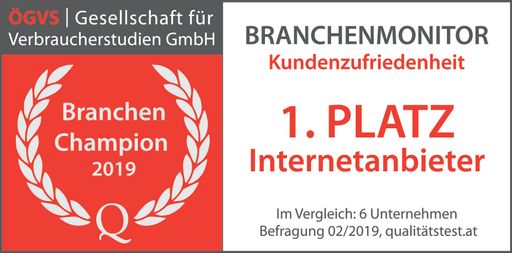 Drei mit 1.Platz als Internetanbieter beim beim
„Branchenmonitor Kundenzufriedenheit 2019“ des ÖGSV.