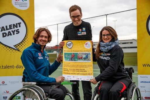 Die Paralympics-Stars Sabine Weber-Treiber, Andreas
Onea und Nico Langmann (von rechts nach links) sind bei den Talent
Days dabei.