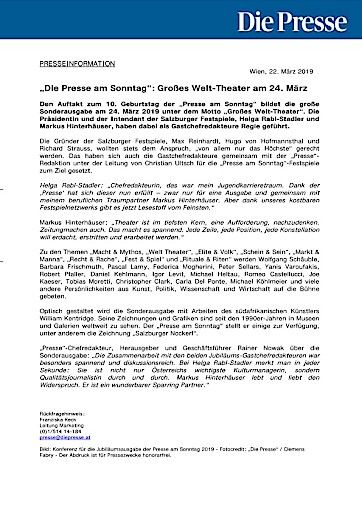 Vorschau Bild von „Die Presse am Sonntag“: Großes Welt-Theater am 24. März