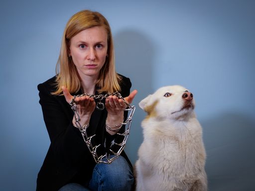 Vorschau Bild von Kampagnenleiterin Martina Pluda mit Hündin Sansa
und einem Tierqual-Halsband
