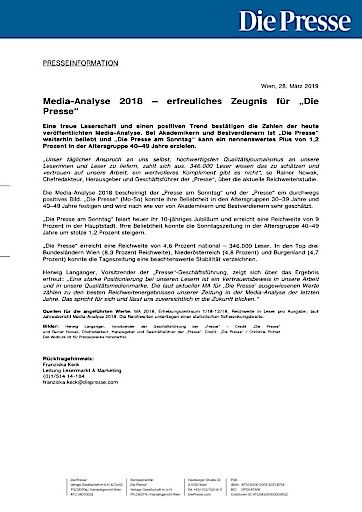 Vorschau Bild von PRESSEINFORMATION: Media-Analyse 2018 – erfreuliches Zeugnis für „Die Presse“