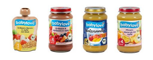 babylove Erdbeere-Banane in Apfel mit Müsli,
babylove Erdbeere & Himbeere in Apfel, babylove Winterwunder
Granatapfel in Apfel, babylove Pfirsich-Maracuja mit Apfel.