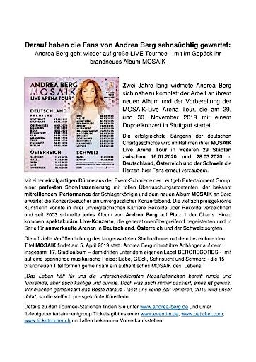 Vorschau Bild von Pressemitteilung Andrea Berg Mosaik Live Arena Tour 2020