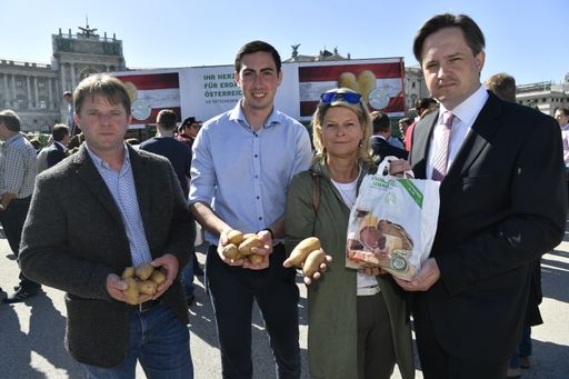  Breite Allianz für Erdäpfel aus Österreich (v.l.):
Obmann der Interessensgemeinschaft Erdäpfelbau, Franz Wanzenböck, NÖ
Bauernbund-Spitzenkandidat für die Europawahl, Alexander Bernhuber,
NÖ Bauernbunddirektorin Klaudia Tanner und Landwirtschaftskammer
NÖ-Präsident Johannes Schmuckenschlager.