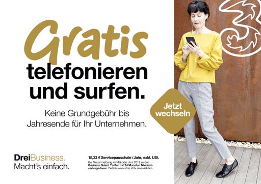 Drei Business schenkt Geschäftskunden die
Grundgebühr bis Jahresende.