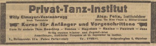 Vorschau Bild von Zeitungsannonce zur Eröffnung der Tanzschule
Elmayer am 1.10.1919