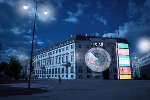 Visualisierung der Projektion der "Zeituhr 1938"
auf die Fassade des Bundeskanzleramts in Wien.