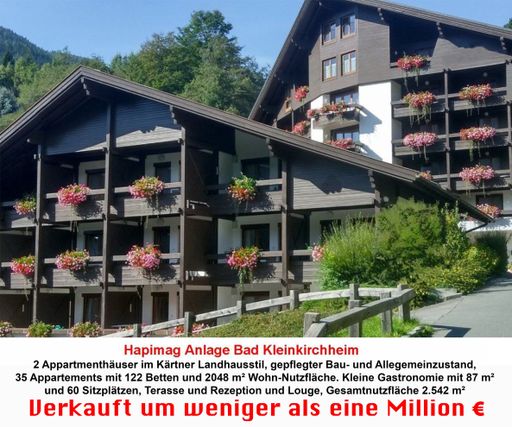  Die Hapimag Anlage Bad Kleinkirchheim wurde um
weniger als eine Million € verkauft. Nach "aufwändiger" Renovierung
nur einen Monat später vom neuen Besitzer als "Alpenlandhof" wieder
eröffnet!