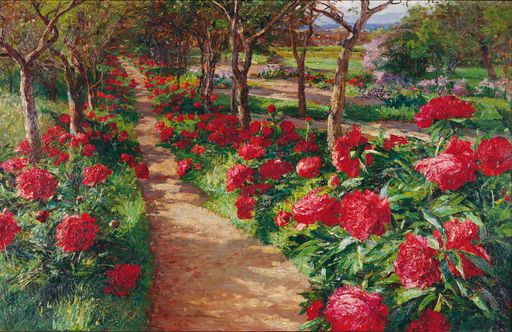 Vorschau Bild von OLGA WISINGER-FLORIAN (1844–1926), Pfingstrosen (Päonien, Motiv
aus Albrechtsberg), 1904 Öl auf Karton, 64 × 100 cm Sammlung
Eisenberger, Wien