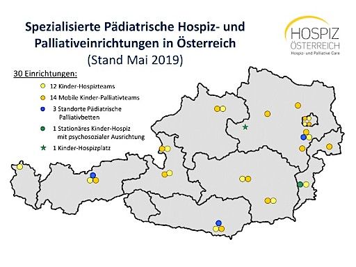 Vorschau Bild von Landkarte Spezialisierte Pädiatrische Hospiz und Palliativeinrichtungen in Österreich.