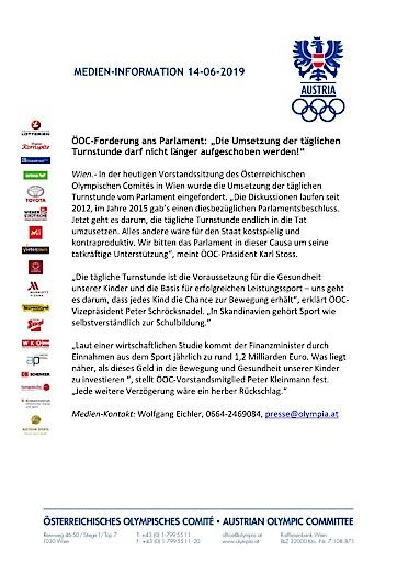  ÖOC-Forderung ans Parlament: „Die Umsetzung der täglichen Turnstunde darf nicht länger aufgeschoben werden!“