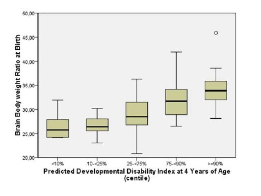Fig. 1: Signifikanter Zusammenhang zwischen der vorhergesagten
Entwicklungsverzögerung der Kinder (Developmental Disability Index
(pDDI)) mit 4,3 (SD 0,8) Jahren und dem Verhältnis zwischen
Hirngewicht und Körpergewicht (Brain body weight Ratio, BBR) als Maß
für eine asymmetrische Wachstumsretardierung des Neugeborenen zum
Zeitpunkt der Geburt (n=137, p<=0,001). NB: Je stärker die
Wachstumsretardierung, desto größer ist die Entwicklungsverzögerung.
Weiterer Text über ots und www.presseportal.de/nr/129797 / Die
Verwendung dieses Bildes ist für redaktionelle Zwecke honorarfrei.
Veröffentlichung bitte unter Quellenangabe: "obs/Campus Klinik an
der Ruhr-Universität Bochum/A. Jensen, Bochum"
